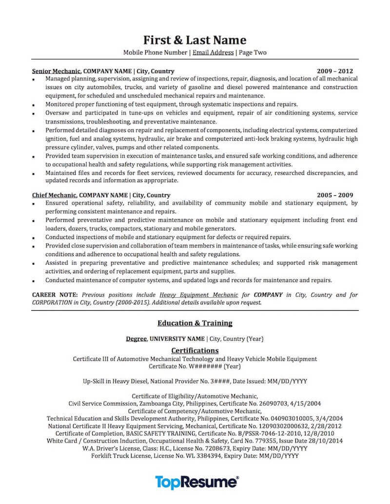 Mechanic Resume Sample