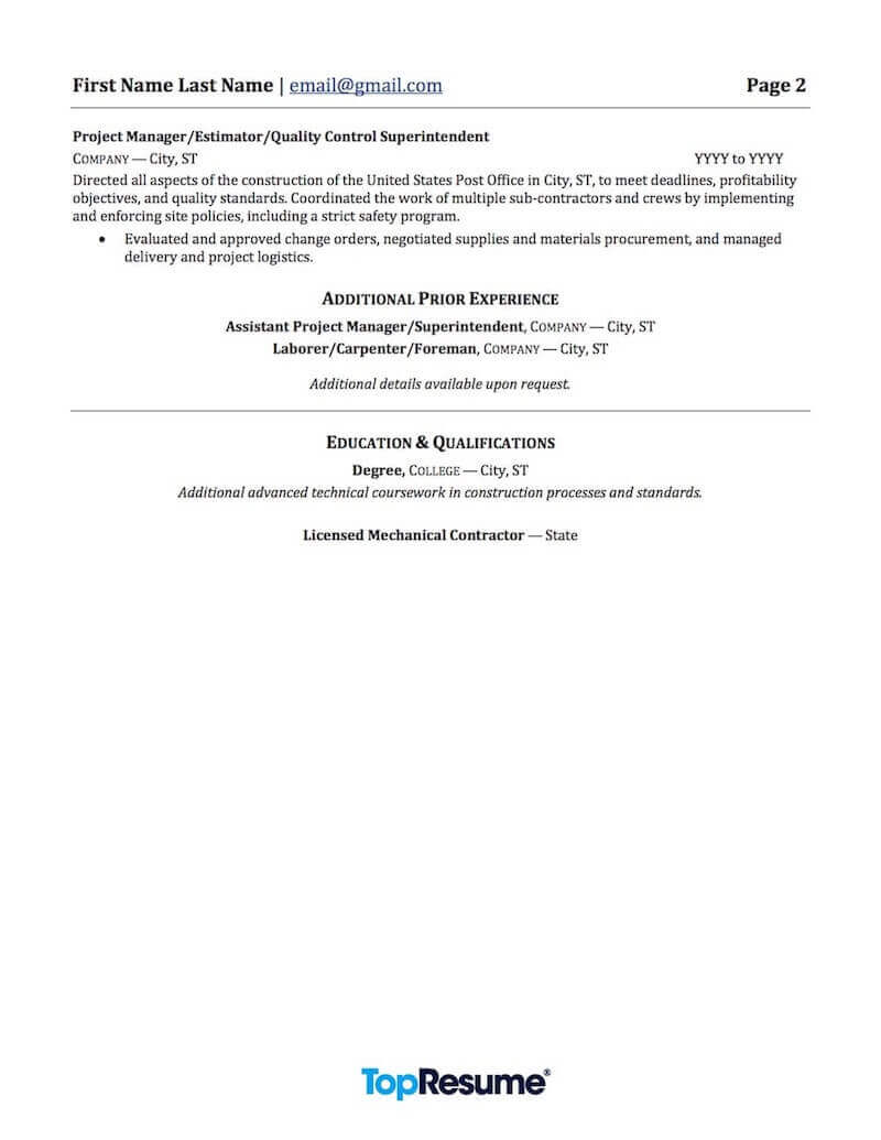 Construction Resume Example